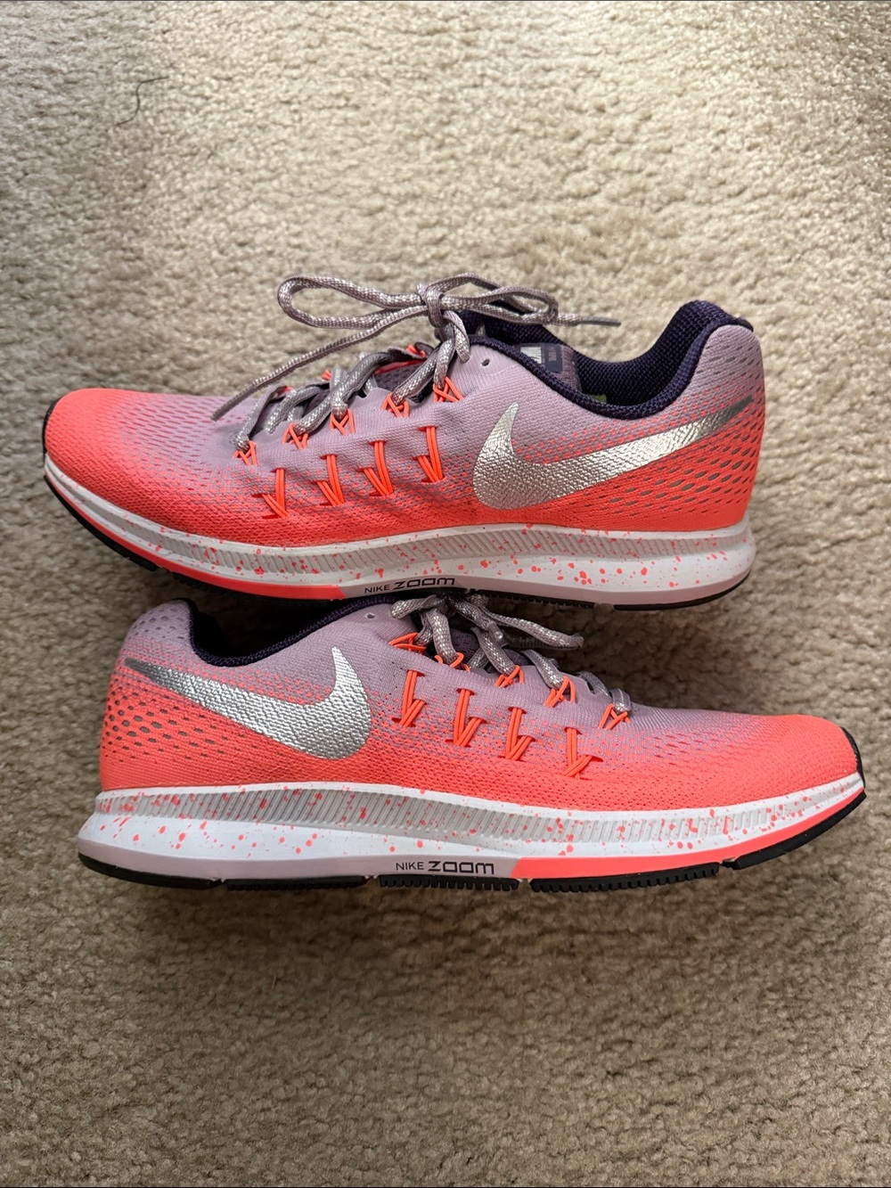 Nike Women’s Coral-Pink and Silver Running Shoes. Nike Zoom Pegasus 33